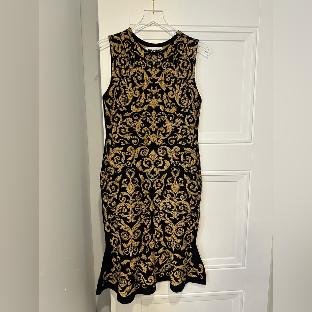 Moschino Ornate Black and Gold Midi Dress